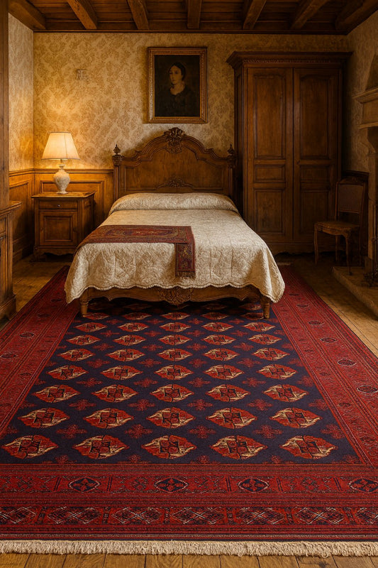 Tappeto Classico Persiano-Turkmeno "Gul" - Lana Pregiata, Lavorazione Artigiana (Blu Zaffiro & Rosso) Misura 347x252